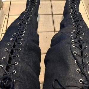 Plus size, wide leg thigh high denim lace up peep toe boots!